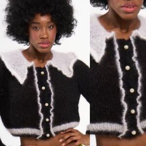 MARIDRUNA O/S NWT Kate Cardigan Mohair Wool Sweater Black White Collared